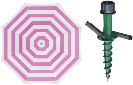 Parasol met dikke grondharing - roze/wit gestreept - polyester - Dia 180 cm - voor het strand