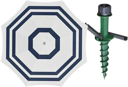 Parasol met dikke grondharing - wit/blauw mix - polyester - Dia 199 cm - voor het strand - Zomers