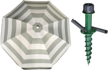 Parasol met dikke grondharing - zilver/wit gestreept - polyester - Dia 180 cm - voor het strand