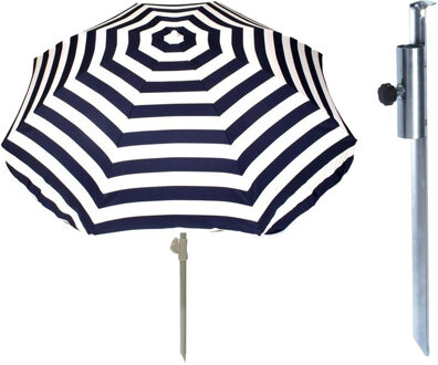 Parasol met metalen grondharing - blauw/wit gestreept - polyester - Dia 180 cm - verstelbaar