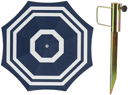 Parasol met metalen grondharing - blauw/wit strepen - polyester - Dia 200 cm - verstelbaar
