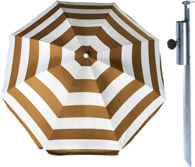 Parasol met metalen grondharing - goud/wit gestreept - polyester - Dia 140 cm - verstelbaar