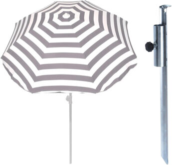 Parasol met metalen grondharing - grijs/wit gestreept - polyester - Dia 180 cm - verstelbaar