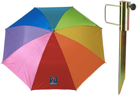 Parasol met metalen grondharing - multi kleuren gesteept - polyester - Dia 160 cm - verstelbaar