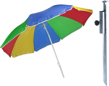 Parasol met metalen grondharing - multi kleuren gesteept - polyester - Dia 180 cm - verstelbaar
