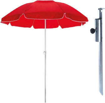 Parasol met metalen grondharing - rood - polyester - Dia 145 cm - verstelbaar