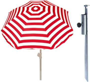 Parasol met metalen grondharing - rood/wit gestreept - polyester - Dia 180 cm - verstelbaar