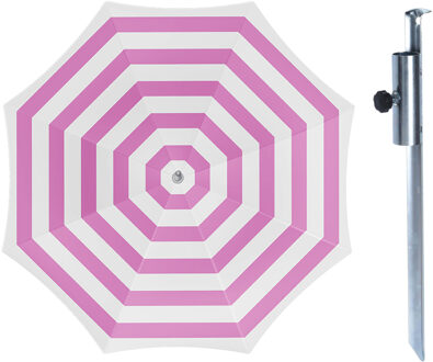 Parasol met metalen grondharing - roze/wit gesteept - polyester - Dia 180 cm - verstelbaar