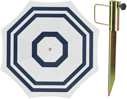 Parasol met metalen grondharing - wit/blauw strepen - polyester - Dia 200 cm - verstelbaar