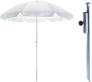 Parasol met metalen grondharing - wit - polyester - Dia 145 cm - verstelbaar