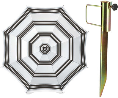 Parasol met metalen grondharing - wit/zwart strepen- polyester - Dia 180 cm - verstelbaar