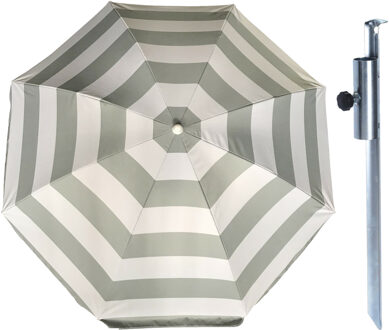 Parasol met metalen grondharing - zilver/wit gestreept - polyester - Dia 180 cm - verstelbaar