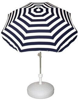 Parasol met voet van 12 liter - blauw/wit gestreept - polyester/kunststof - Dia 180 cm - verstelbaar