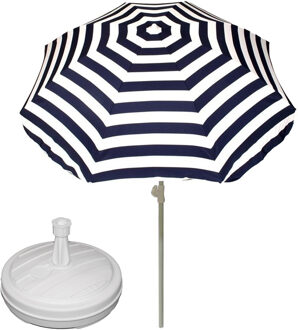 Parasol met voet van 12 liter - blauw/wit gestreept - polyester/kunststof - Dia 180 cm - verstelbaar