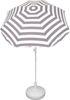 Parasol met voet van 12 liter - grijs/wit gestreept - polyester/kunststof - Dia 180 cm - verstelbaar