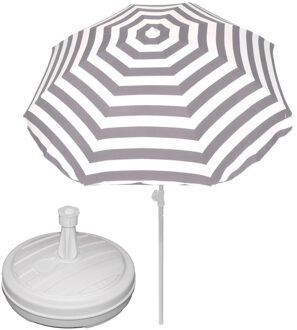 Parasol met voet van 12 liter - grijs/wit gestreept - polyester/kunststof - Dia 180 cm - verstelbaar