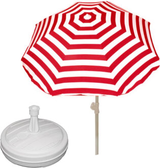 Parasol met voet van 12 liter - rood/wit gestreept - polyester/kunststof - Dia 180 cm - verstelbaar