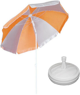 Parasol - oranje/wit - D120 cm - incl. draagtas - parasolvoet - 42 cm