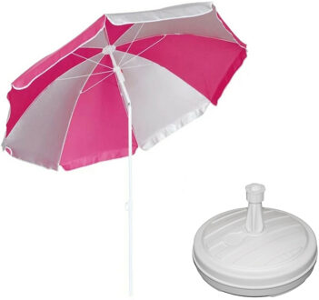 Parasol - roze/wit - D120 cm - incl. draagtas - parasolvoet - 42 cm