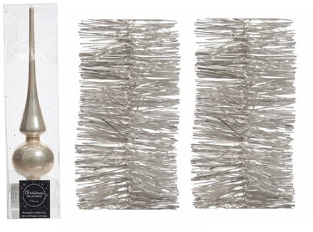 Parel/champagne kerstversiering/kerstdecoratie set piek en 2 folie slingers 270 cm - Kerstslingers Champagnekleurig