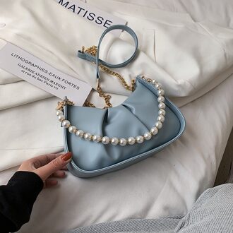 Parel Kralen Zachte Lederen Crossbody Tas Voor Vrouwen Zomer Branded Trendy Schouder Handtassen En Portemonnees Blauw