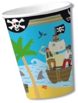 Party bekers piraten eiland thema - 8x stuks - Kinderverjaardag feestartikelen - karton Multi