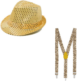 Party carnaval verkleed hoedje en bretels kleur goud