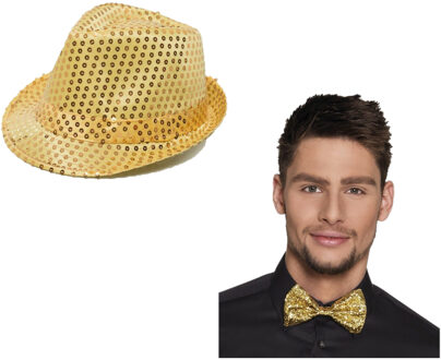 Party carnaval verkleed hoedje en vlinderstrikje goud glitters - Verkleedhoofddeksels Goudkleurig