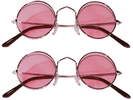 Party carnaval zonnebril - 2x stuks - Hippie Flower Power Sixties - ronde glazen - roze