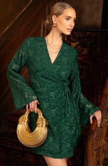 Party: Fringe Wrap Jurk Wijde Mouw Smaragd