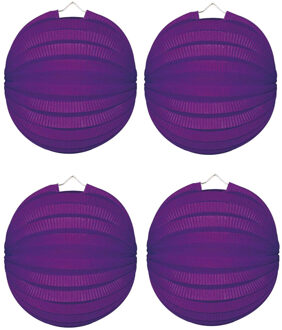 Party Lampion van papier - 4x - ronde vorm - paars - Dia 22 cm - versieringen - buiten