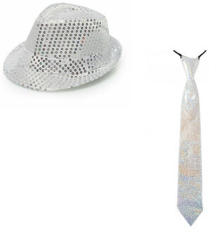 Party verkleed hoedje en stropdas zilver glitters