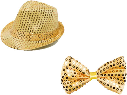 Party verkleed set Glitter and Glamour - hoedje en strikje - Goud metallic - Verkleedkleding