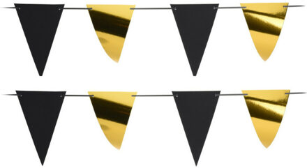 Party Vlaggenlijn - 2x - binnen/buiten - plastic - metallic zwart/goud - 6 m - 25 vlaggetjes