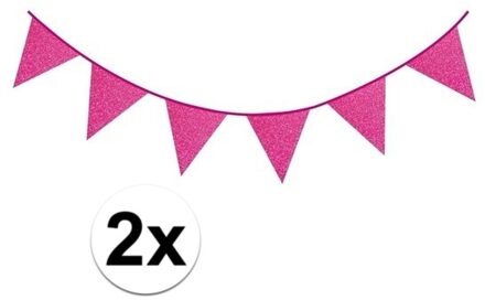 Party vlaggenlijn - 2x - roze met glitters - Glitter and Glamour - 600 cm - feestartikelen/versierin