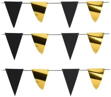Party Vlaggenlijn - 3x - binnen/buiten - plastic - metallic zwart/goud - 6 m - 25 vlaggetjes