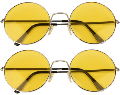 Party zonnebril - 2x - Hippie Flower Power Sixties - grote XL ronde glazen - geel