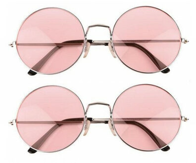 Party zonnebril - 2x - Hippie Flower Power Sixties - grote XL ronde glazen - roze