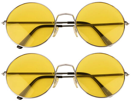 Party zonnebril - 2x stuks - Hippie Flower Power Sixties - grote XL ronde glazen - geel