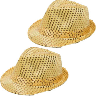 partychimp 2x Stuks Trilby hoeden met pailletten - goud - glitter - Verkleedhoofddeksels Goudkleurig