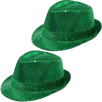 partychimp 2x Stuks Trilby hoeden met pailletten - groen - glitter - Verkleedhoofddeksels