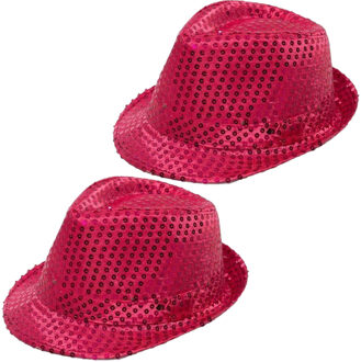 partychimp 2x Stuks Trilby hoeden met pailletten - roze - glitter - Verkleedhoofddeksels