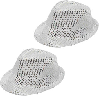 partychimp 2x Stuks Trilby hoeden met pailletten - zilver - glitter - Verkleedhoofddeksels Zilverkleurig