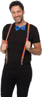 partychimp Carnaval verkleedset bretels en strik - regenboog - blauw - volwassenen/unisex - feestkleding
