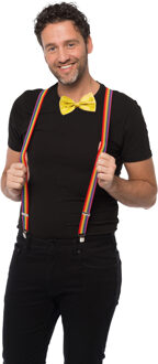 partychimp Carnaval verkleedset bretels en strik - regenboog - geel - volwassenen/unisex - feestkleding