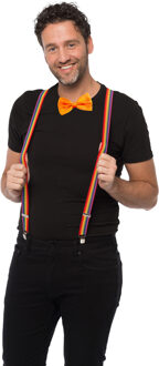 partychimp Carnaval verkleedset bretels en strik - regenboog - oranje - volwassenen/unisex - feestkleding