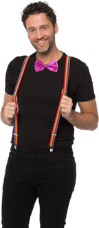 partychimp Carnaval verkleedset bretels en strik - regenboog - roze - volwassenen/unisex - feestkleding