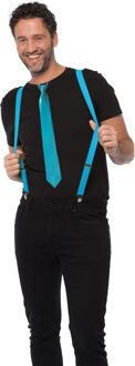 partychimp Carnaval verkleedset bretels en stropdas - licht blauw - volwassenen/unisex - feestkleding accessoir