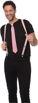 partychimp Carnaval verkleedset bretels en stropdas - licht roze - volwassenen/unisex - feestkleding accessoire