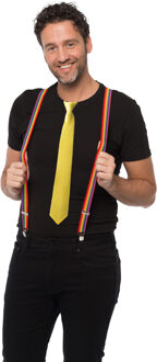partychimp Carnaval verkleedset bretels en stropdas - regenboog - geel - volwassenen/unisex - feestkleding
